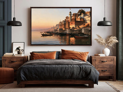 a serene bedroom scene with a large painting of a cityscape hanging above a bed. The painting features a river with boats and buildings, creating a peaceful and relaxing atmosphere.