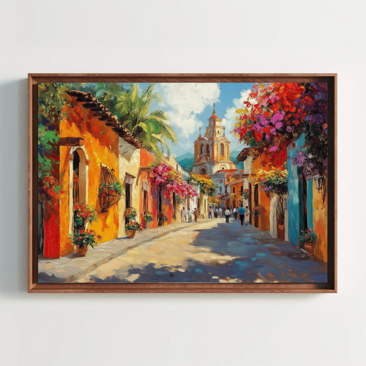 Puerto Vallarta street canvas wall art, colorful colonial houses and bougainvillea on a cobblestone lane