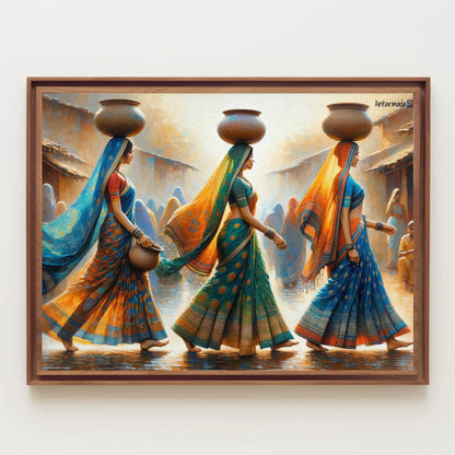 Indian Women Clay Pots , Traditional Desi traditional canvas wall art for the home