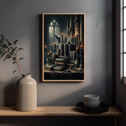 Gothic Library canvas wall art shown in a styled interior
