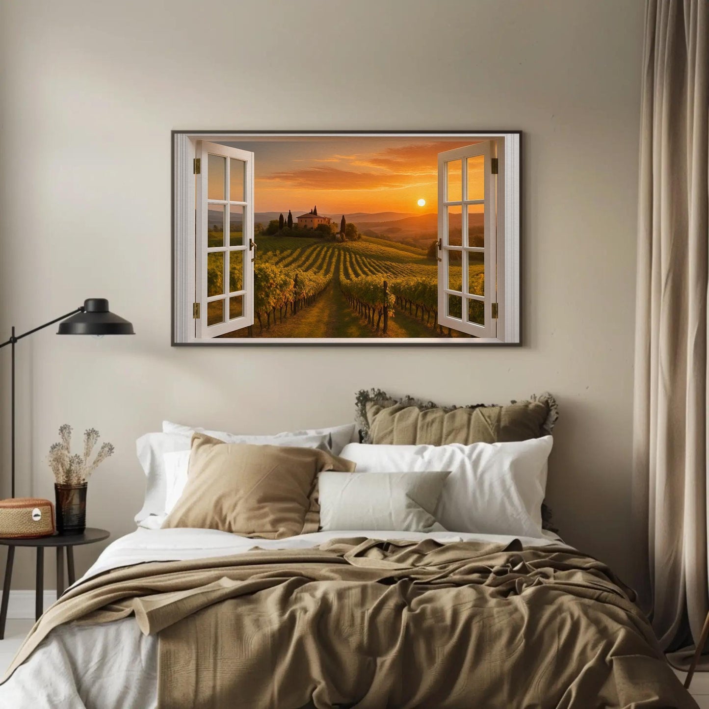 a bedroom with an open window overlooking a vineyard