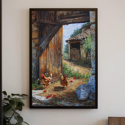 Chickens Barn Canvas - Rustic Wall Art | Framed 18x24 Inch Farmhouse Decor