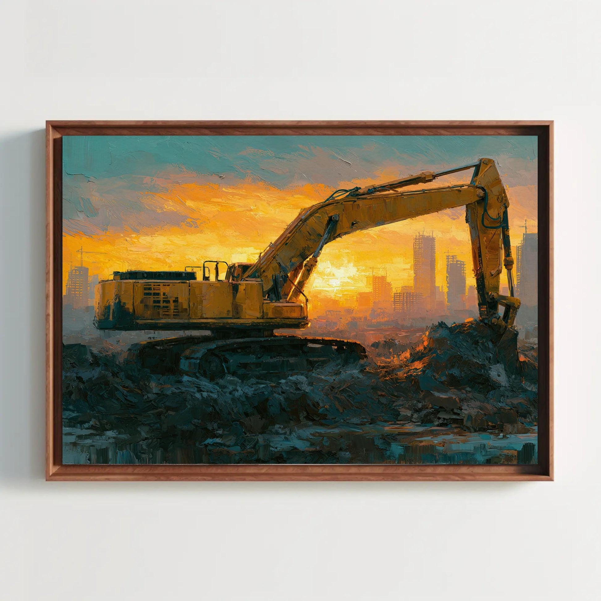 Excavator Wall Art, Sunset Oil Painting Canvas, Heavy Equipment Decor