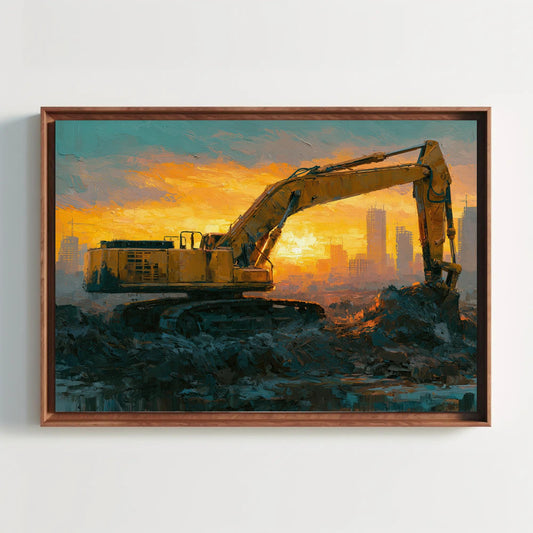 a yellow excavator digging into the ground at a construction site, with a city skyline in the background.