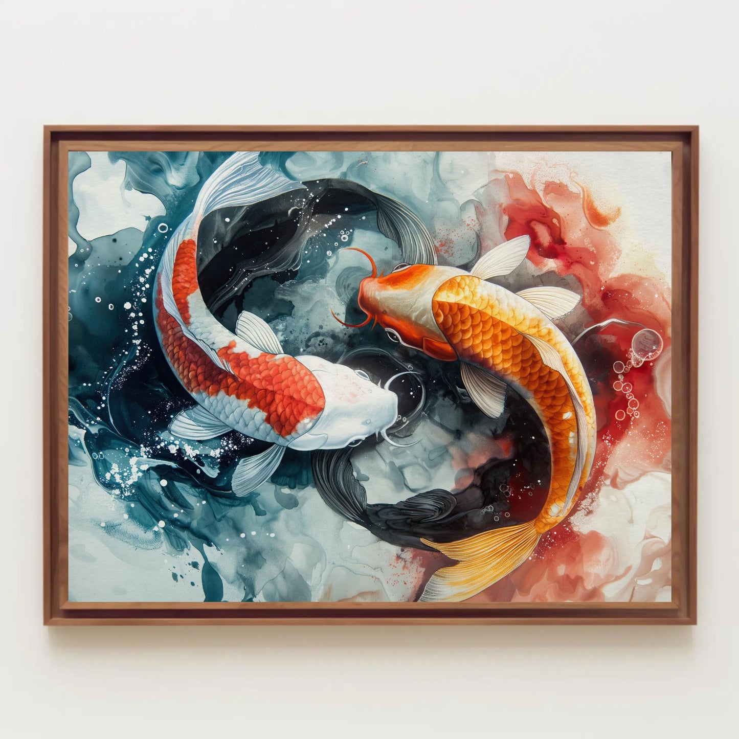 Koi Fish Watercolor canvas wall art shown in a styled room
