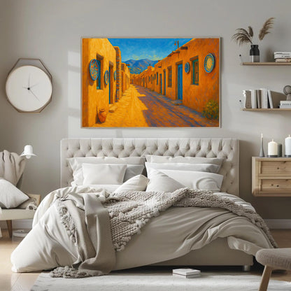 Santa Fe Adobe canvas wall art shown in a bedroom