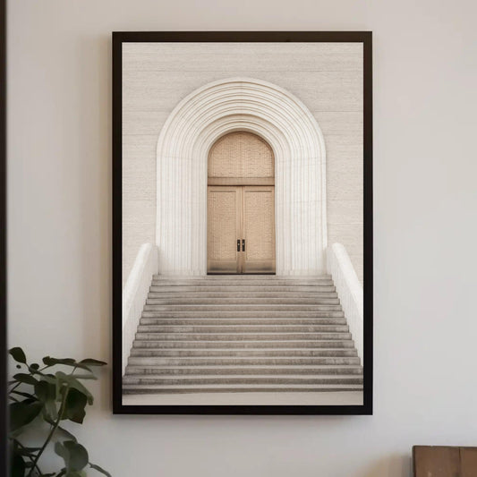 a framed photograph of a stairway leading to a door