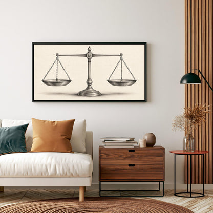 Scales of justice sketch canvas wall art, living room with a white sofa, a wooden side table, and a framed drawing of a