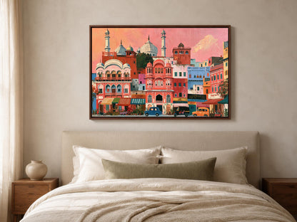 a large, colorful painting of a cityscape hanging on a wall above a bed with white bedding.