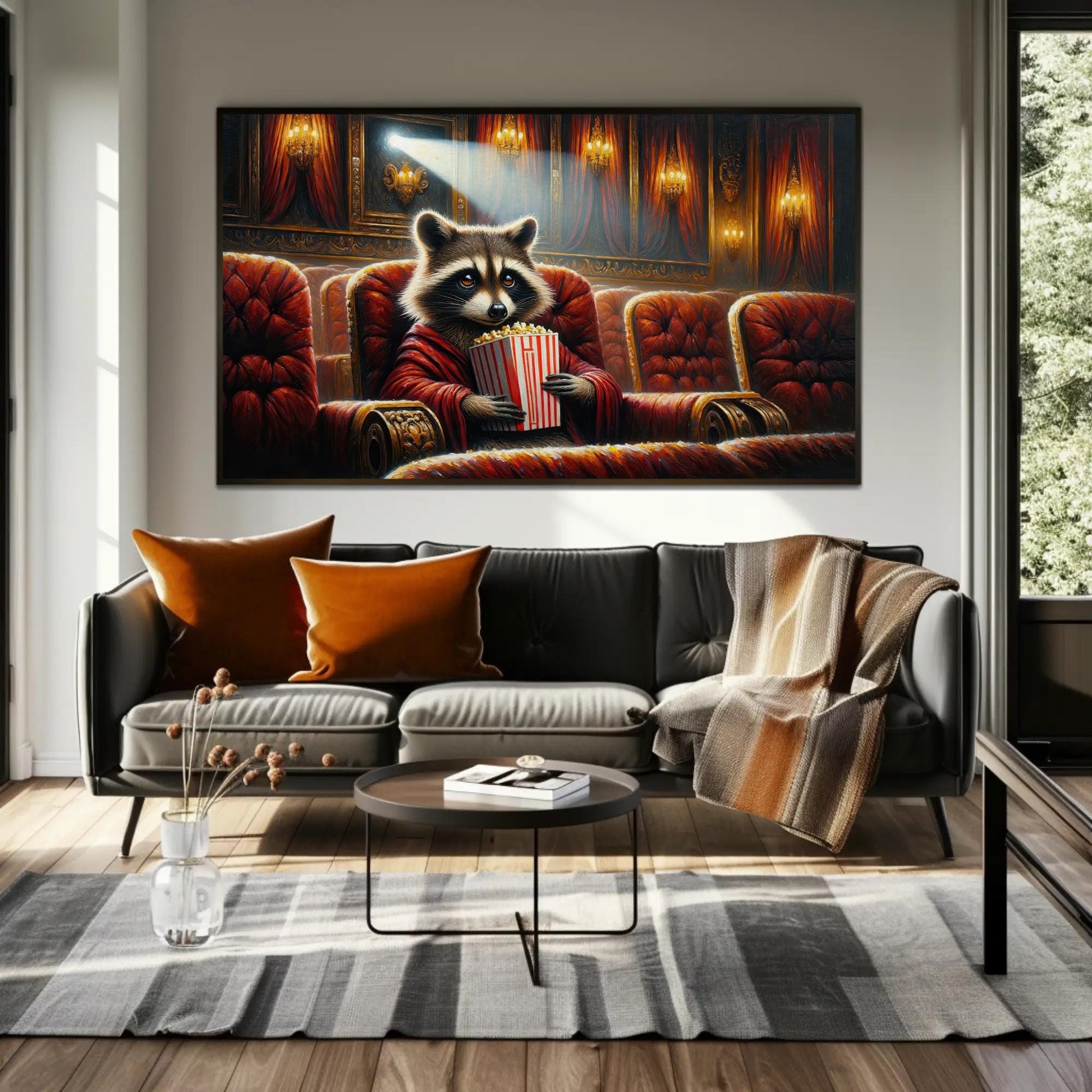 Raccoon canvas wall art shown above a sofa