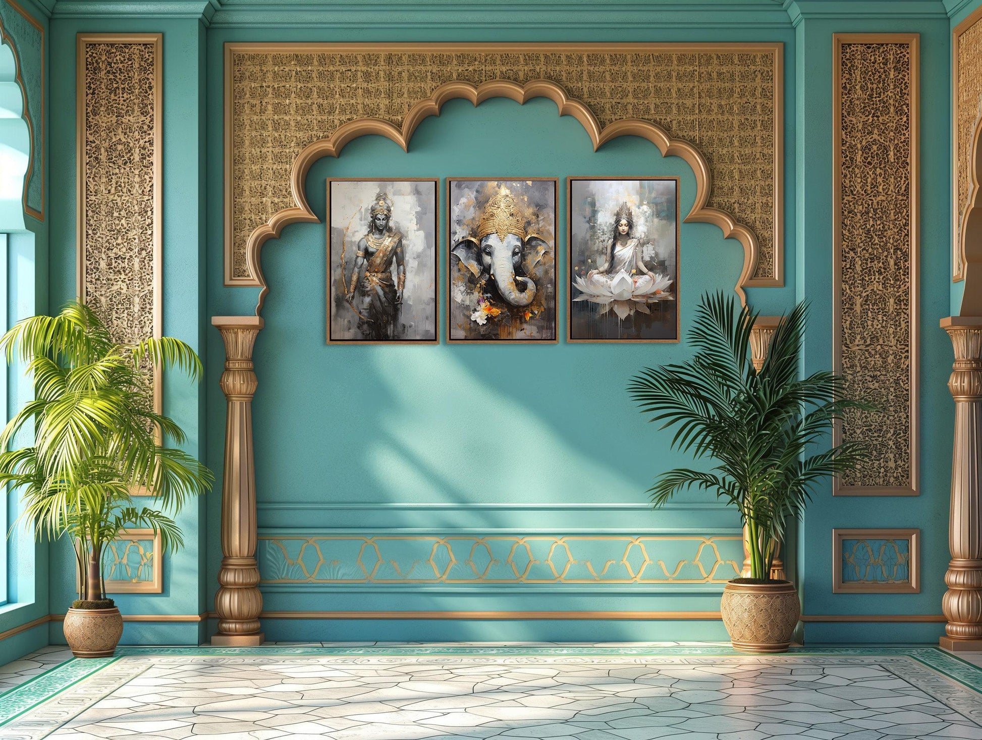 a blue room with three paintings on the wall