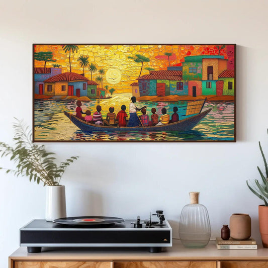 Ghana Canvas Art - Extra Large People on Boat African Wall Decor, Framed or Unframed