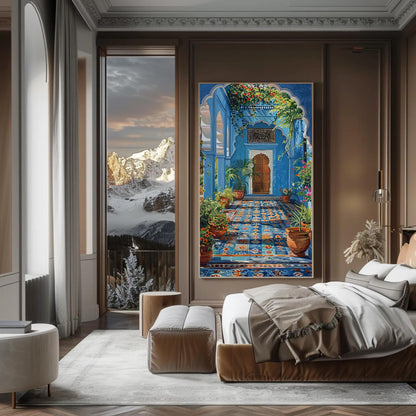 Blue Indian Palace , Jodhpur canvas wall art shown in a bedroom