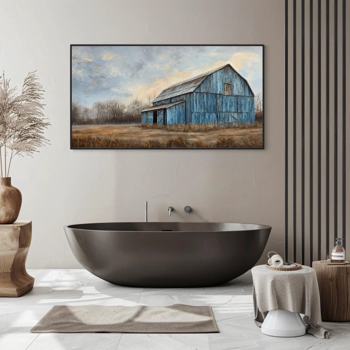 Blue Barn Landscape canvas wall art shown in a bathroom
