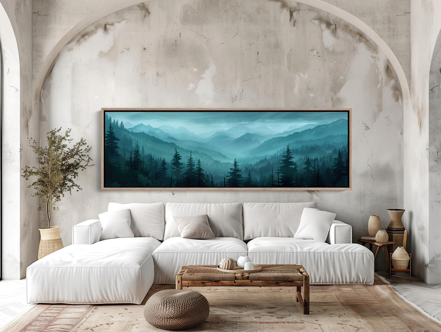 Misty Mountain Forest Art canvas wall art shown in a living room (view 2)