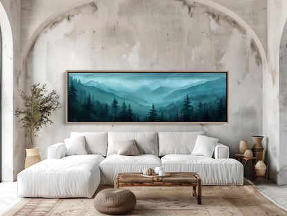 Misty Mountain Forest Art canvas wall art shown in a living room (view 2)