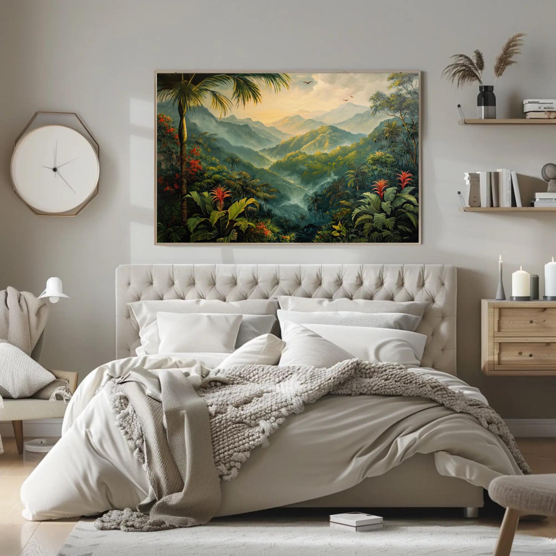 Rainforest , Misty Tropical Jungle canvas wall art shown in a bedroom (view 3)