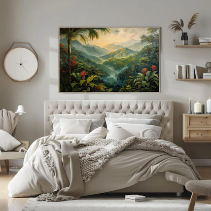 Rainforest , Misty Tropical Jungle canvas wall art shown in a bedroom (view 3)