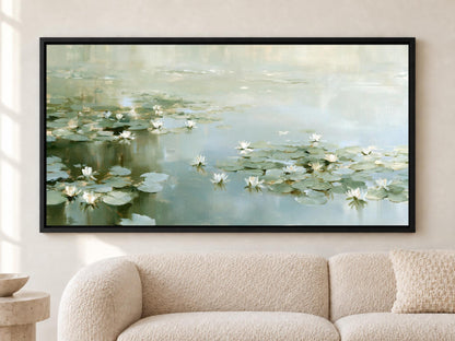 A large framed painting depicting a serene scene of lily pads floating on a pond, with a light green color palette and white flowers.