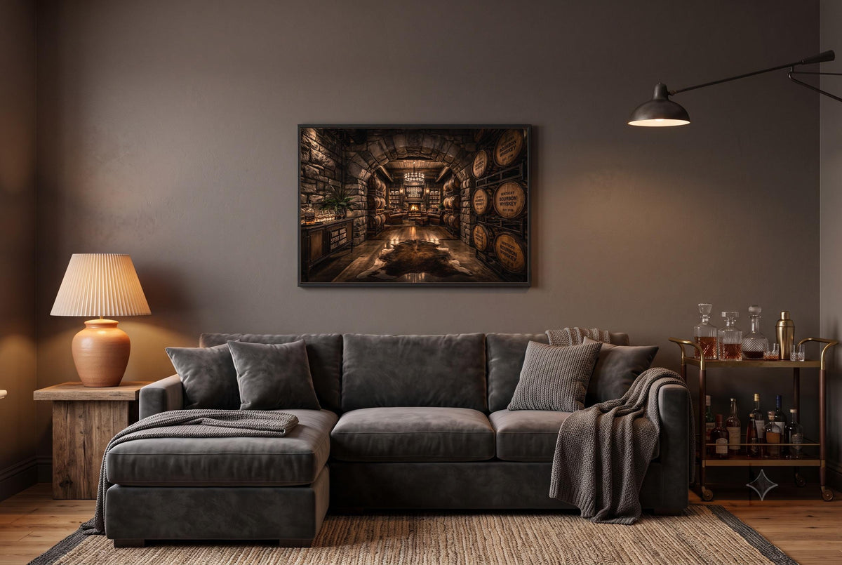 a cozy living room with a large, plush gray sectional sofa, a wooden side table with a lamp, and a framed picture of a wine cellar on the wall.