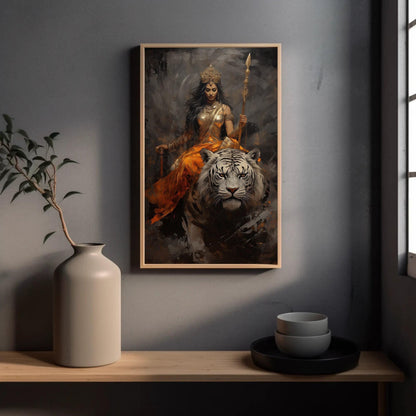Goddess Durga , Hindu Warrior Mata canvas wall art shown in a styled room (view 2)