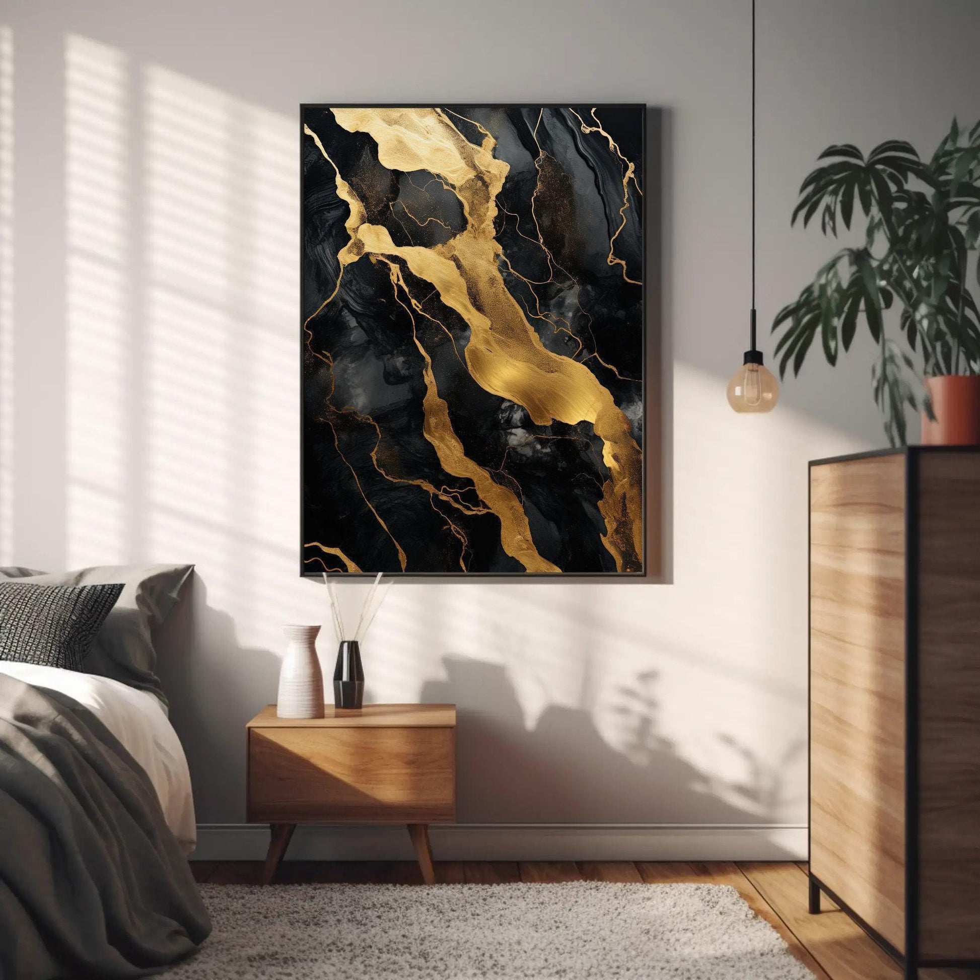 Black Gold Marble , Luxury Abstract canvas wall art shown in a bedroom