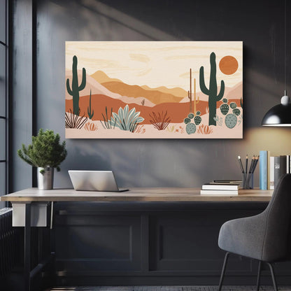 Desert Cacti canvas wall art shown above a desk