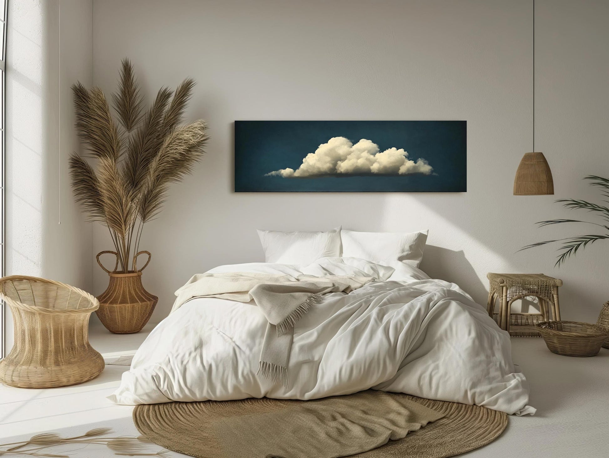 Cloudscape , Extra Large Panoramic Sky canvas wall art shown in a bedroom