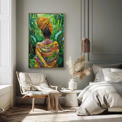 Caribbean Woman , Afro Caribbean Portrait Art canvas wall art shown in a bedroom