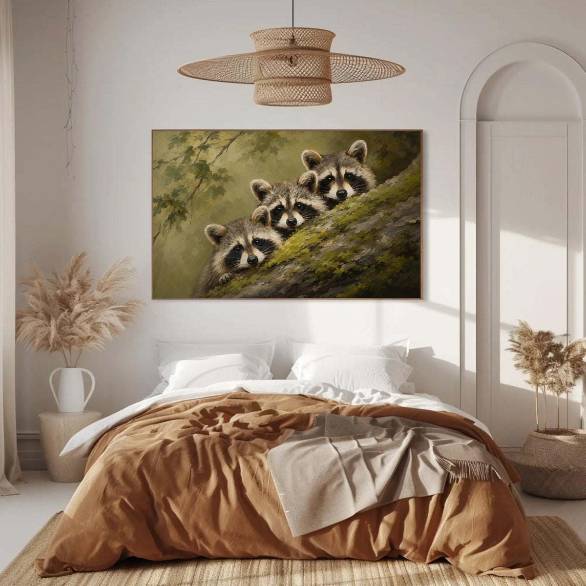 Three raccoons peeking canvas wall art, cozy bedroom scene with a large bed, a painting of three raccoons peeking out from