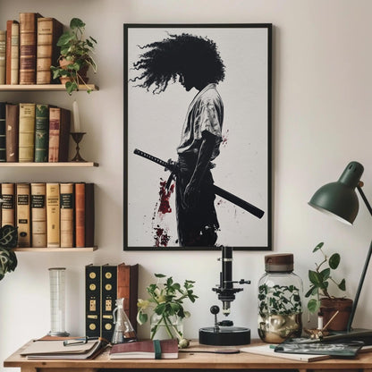 African Samurai , Black Warrior Anime canvas wall art shown above a desk