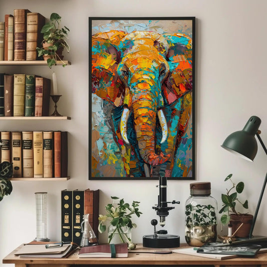 Vivid Elephant canvas wall art shown above a desk