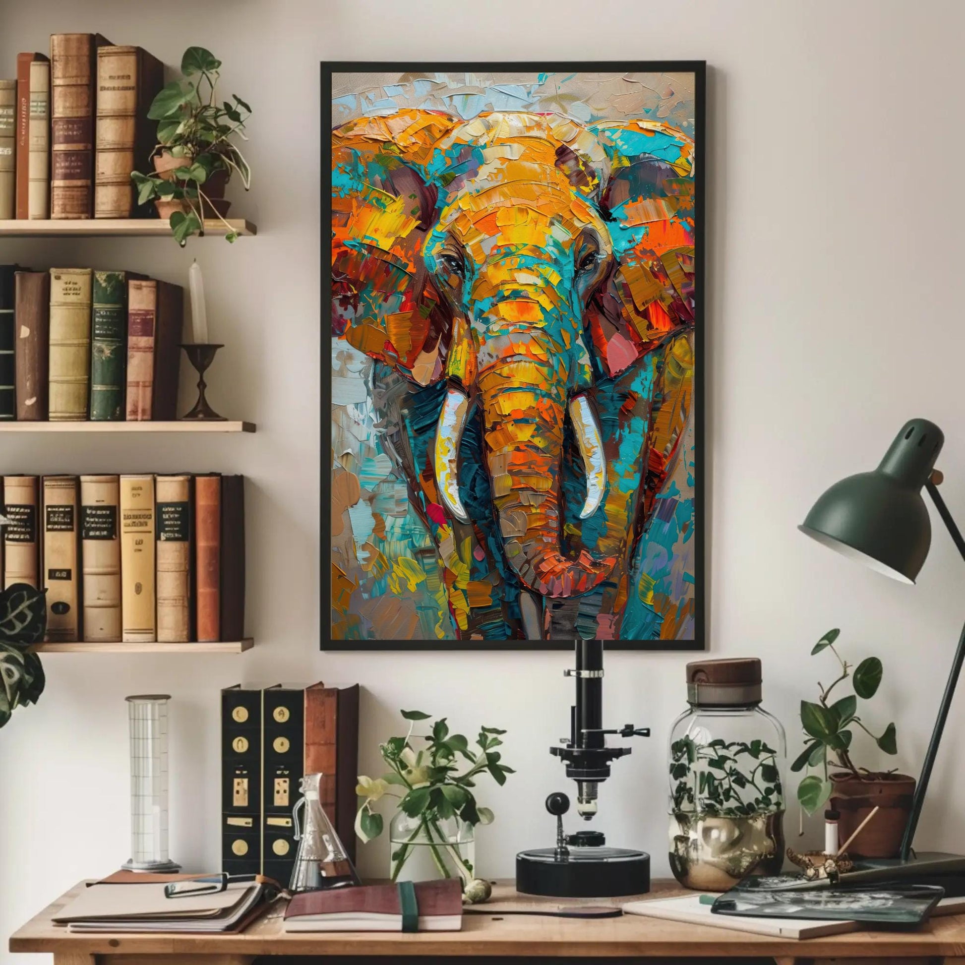 Vivid Elephant canvas wall art shown above a desk