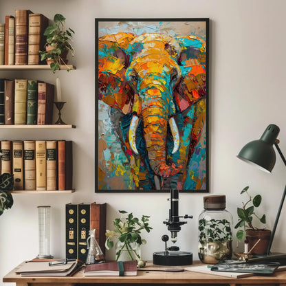 Vivid Elephant canvas wall art shown above a desk