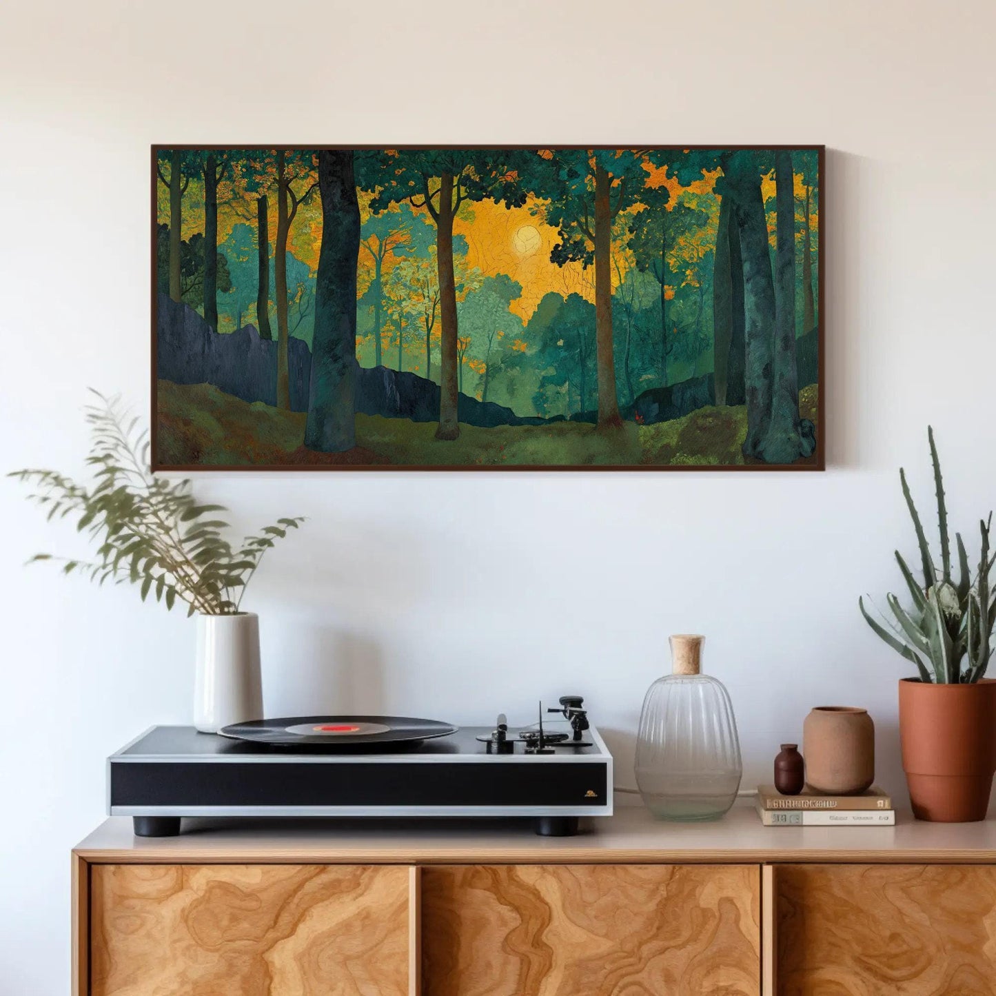 Sacred Grove canvas wall art shown above a cabinet