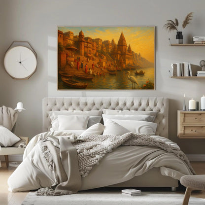 Varanasi Ghats Art canvas wall art shown in a bedroom