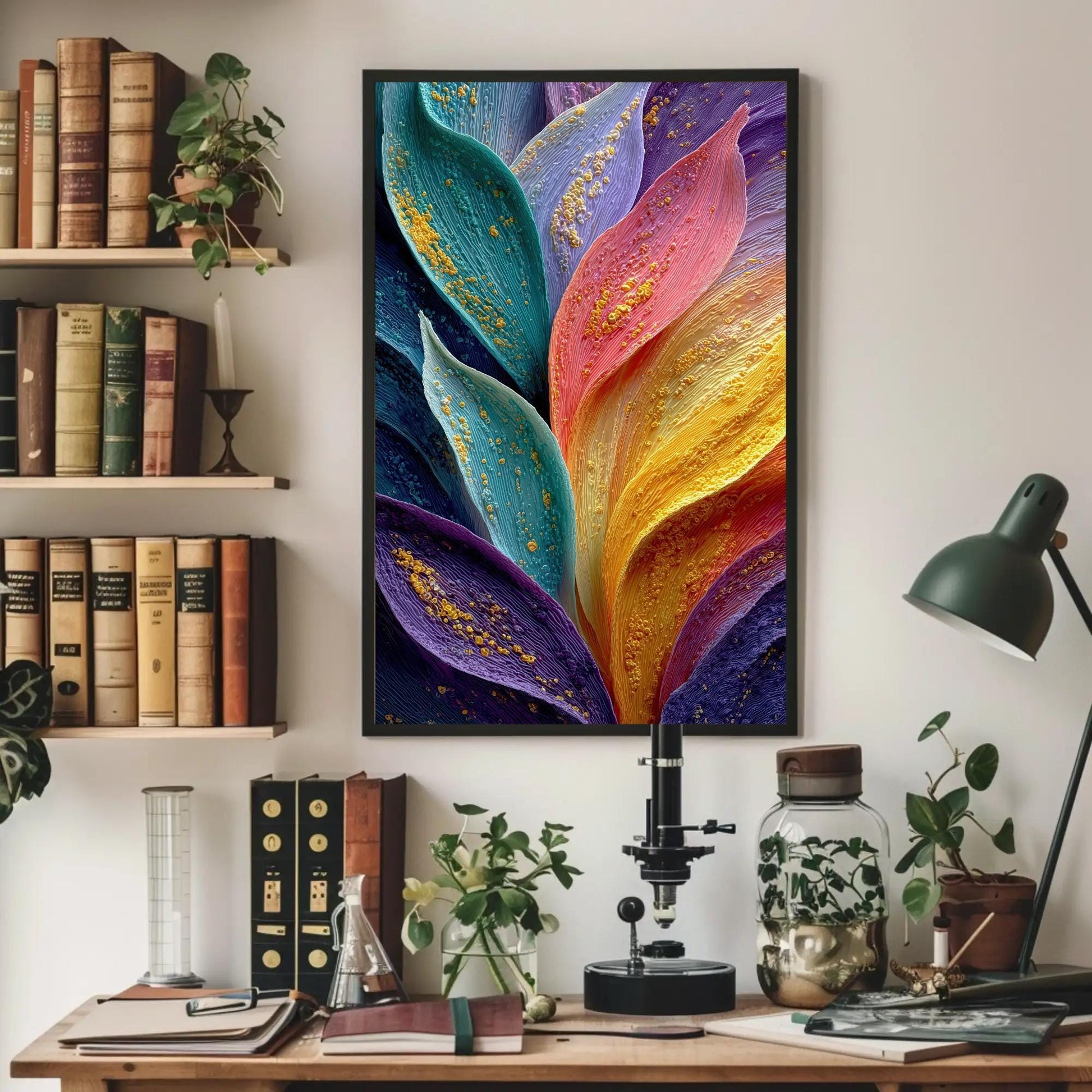 Rainbow Petals canvas wall art shown above a desk