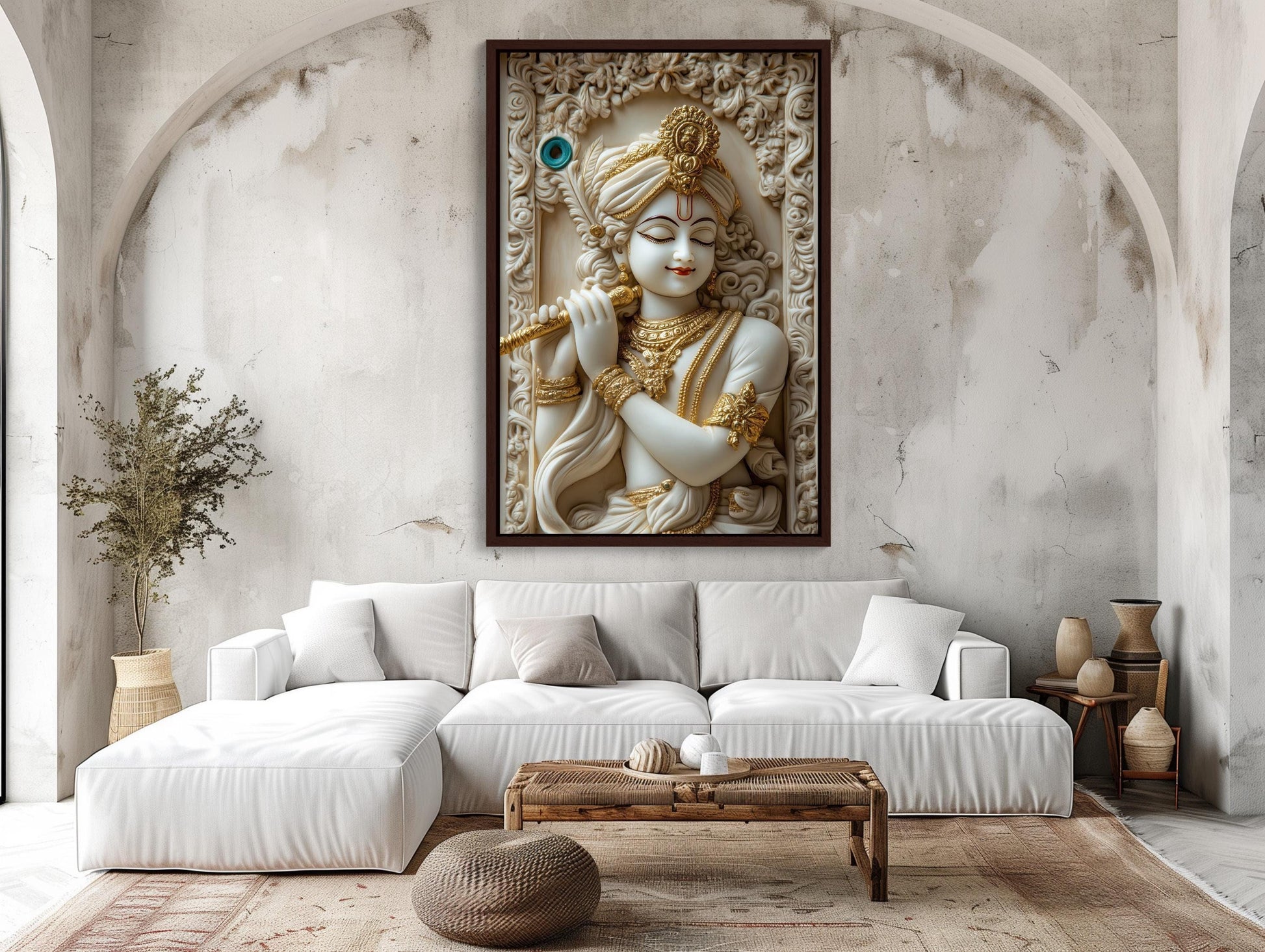 Krishna 3D Illusion canvas wall art shown in a living room