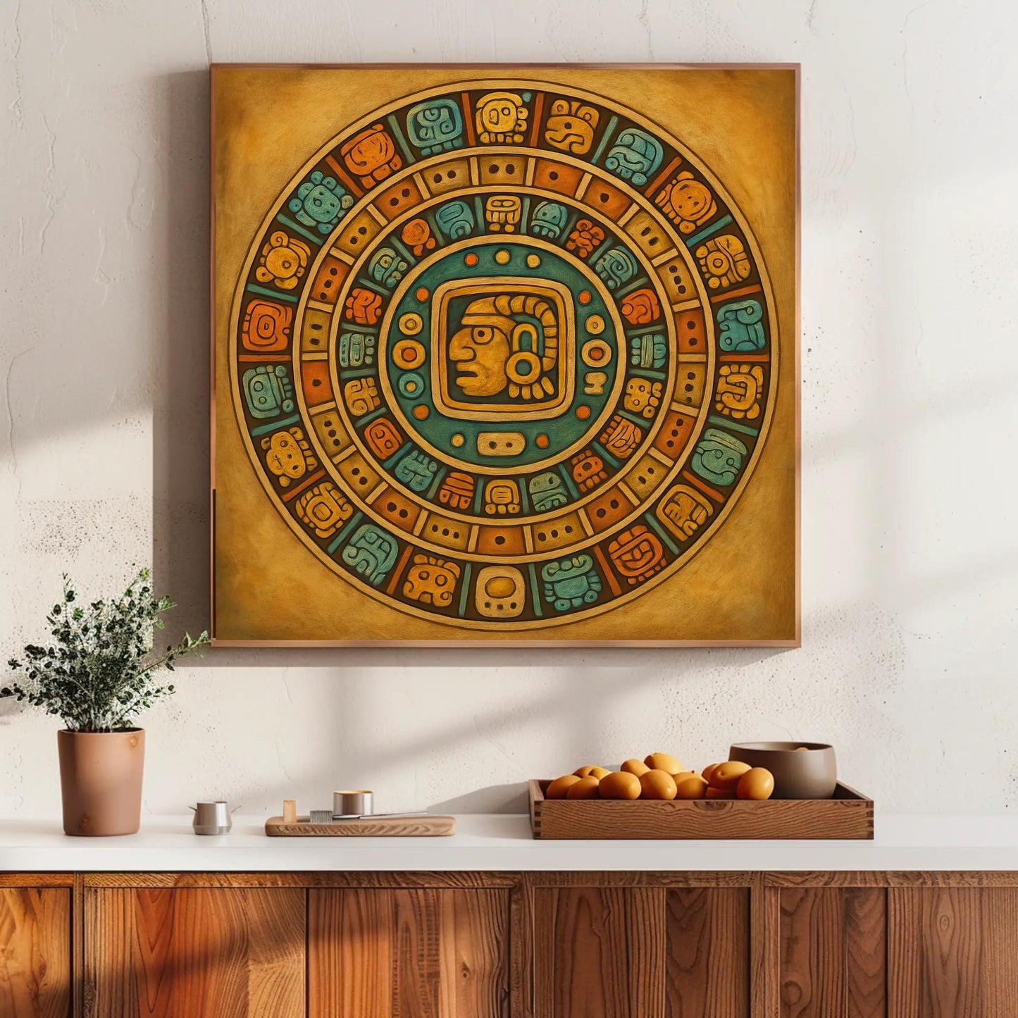 Mayan Calendar canvas wall art shown in a styled room