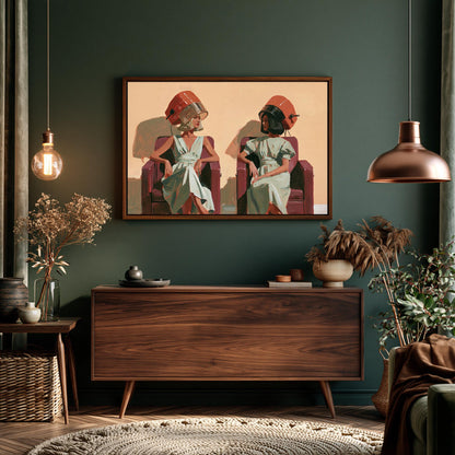 a modern living room with a large wooden dresser, a framed painting of two women in vintage hairstyles, and various decorative elements such as potted plants and vases.