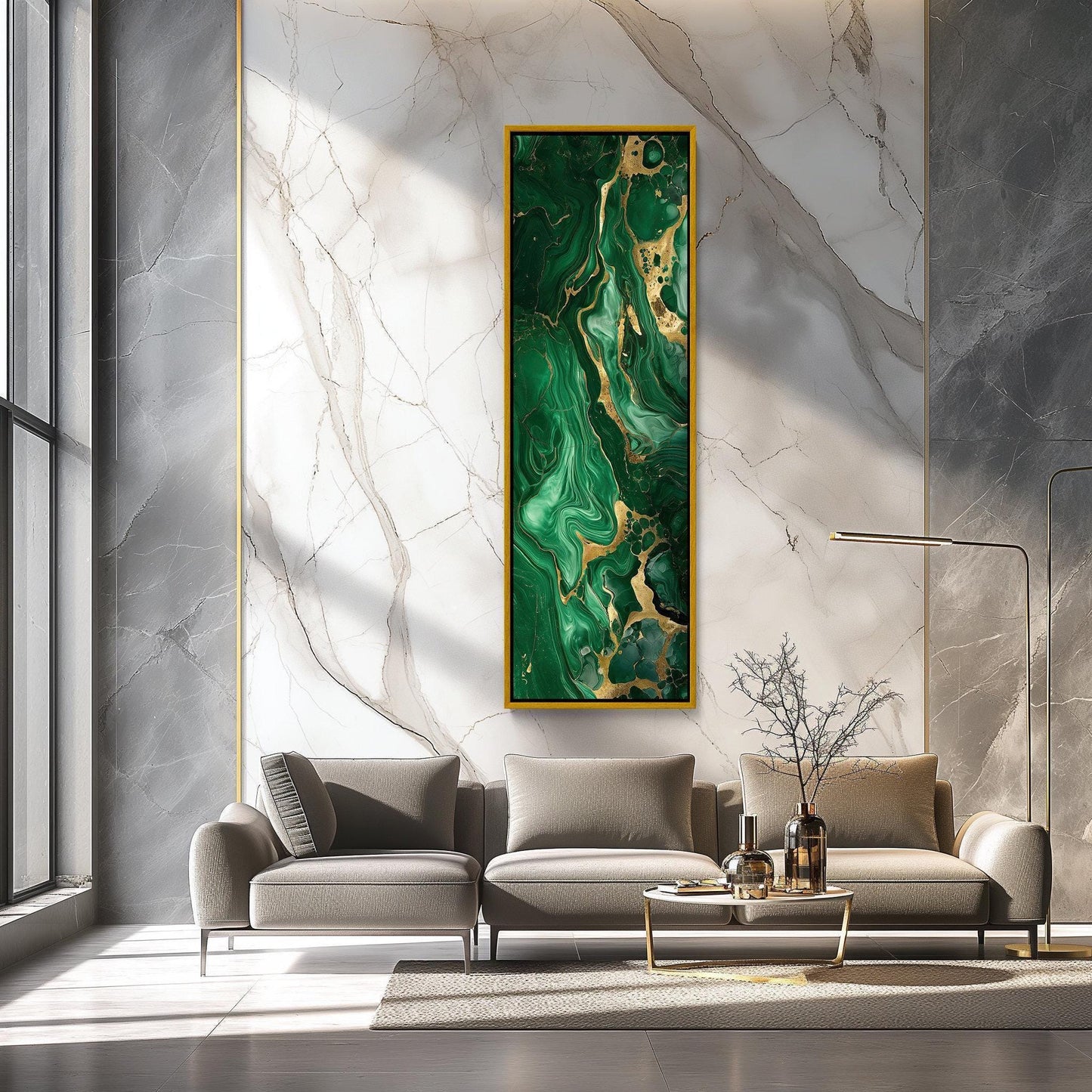 Green Gold Marble Canvas, Tall Narrow Framed Wall Art With Luxury Gold Marble Artwork