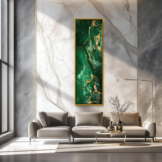 Green Gold Marble Canvas | Tall Narrow Framed Wall Art With Luxury Gold Marble Artwork