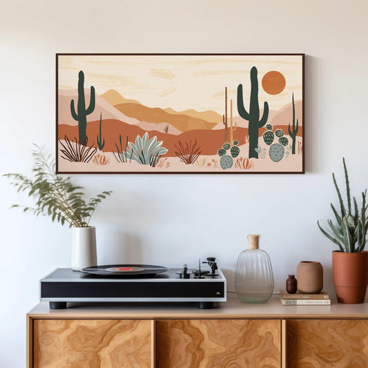 Desert Cacti Canvas Print – Earthy Tone Wall Art With Beige Wooden Frame