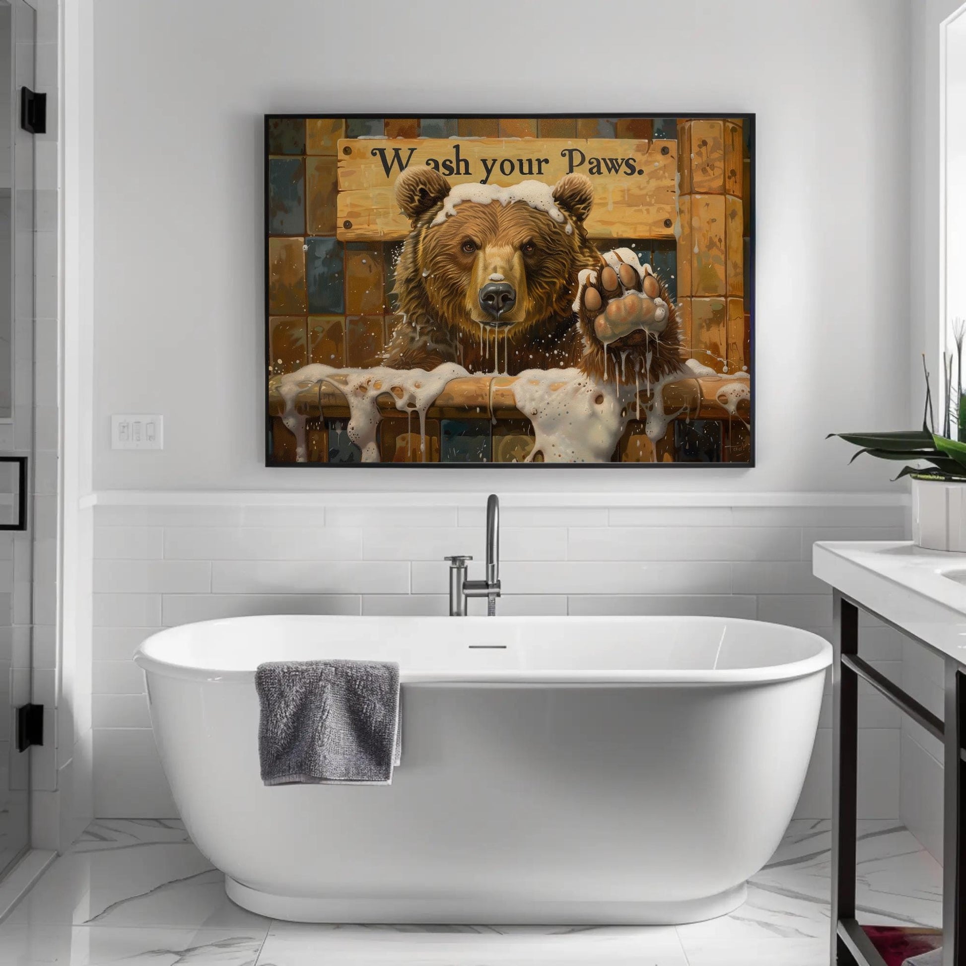 Brown Bear canvas wall art shown in a bathroom