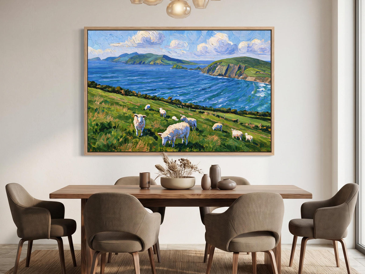 a large painting of a pastoral scene with a group of sheep grazing in a grassy field, set against a backdrop of a blue sky and mountains.