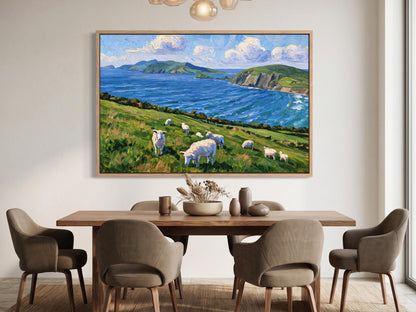 a large painting of a pastoral scene with a group of sheep grazing in a grassy field, set against a backdrop of a blue sky and mountains.