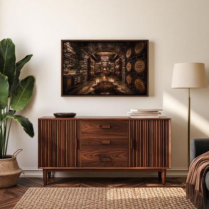 a wooden cabinet with drawers, a large framed picture hanging on the wall above it, and a potted plant to the left.