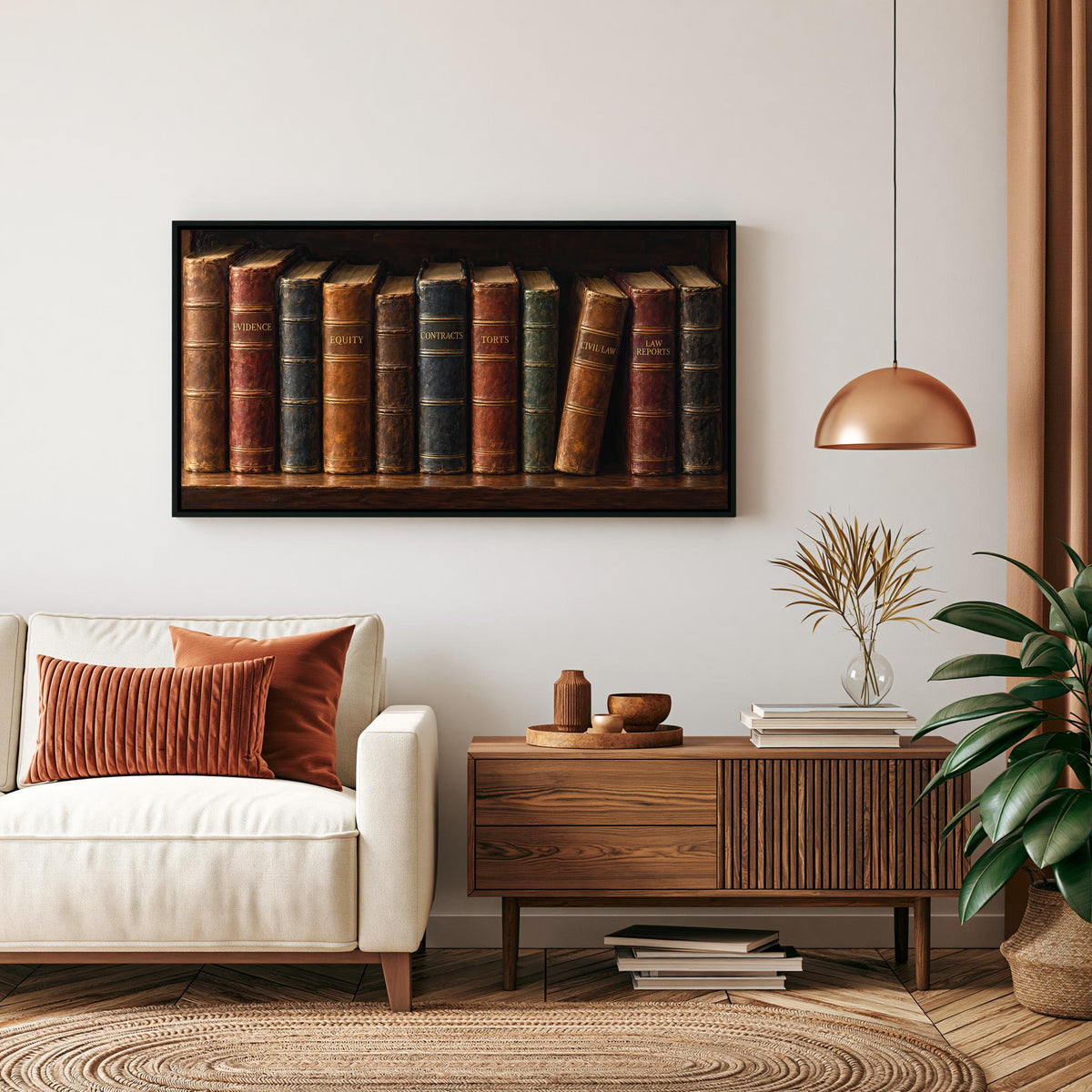 a cozy living room with a white sofa, a wooden side table, and a framed image of a row of colorful books on the wall.