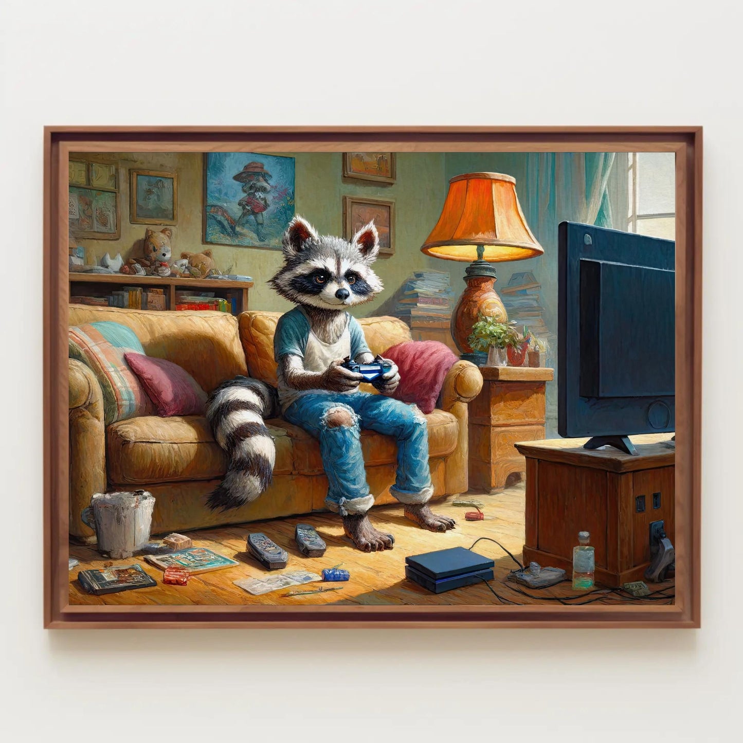 Gamer Raccoon canvas wall art shown above a sofa