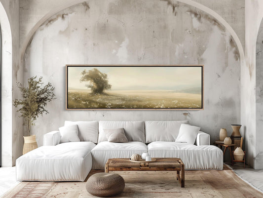 Vintage meadow canvas wall art, panoramic lone tree in a soft golden field